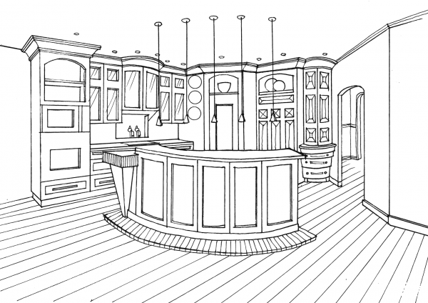 Kitchen with Bar Counter coloring page image