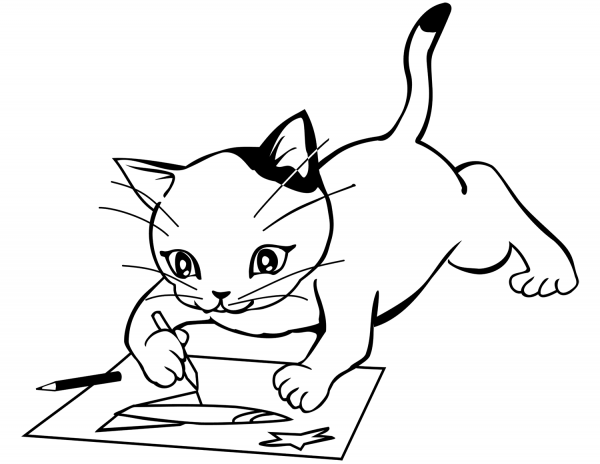 Kitten Draws a Space Rocket coloring page image