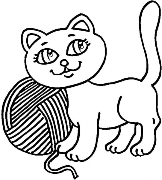 Kitty and Yarn  coloring page image
