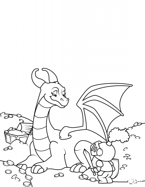 Knight and Dragon Guarding Treasure coloring page image