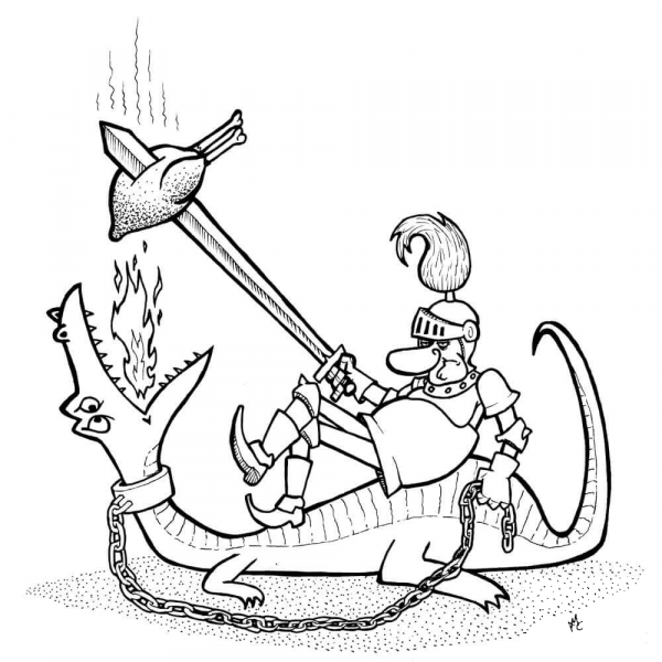 Knight Cooking Chicken on Dragon coloring page image
