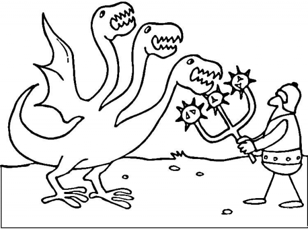 Knight fights Three-Headed Dragon coloring page image
