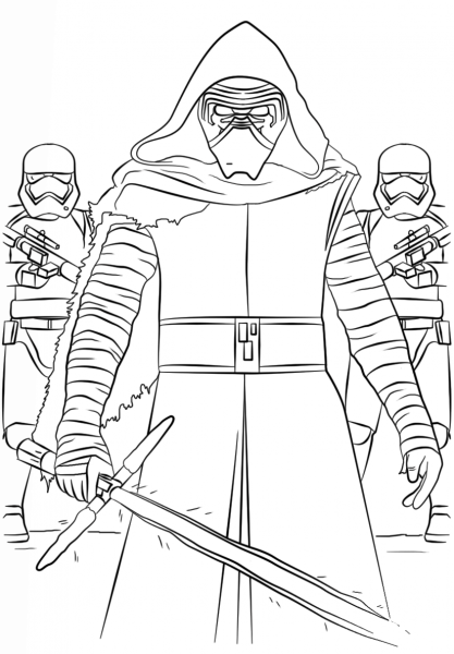 Kylo Ren and the First Order Stormtroopers coloring page image