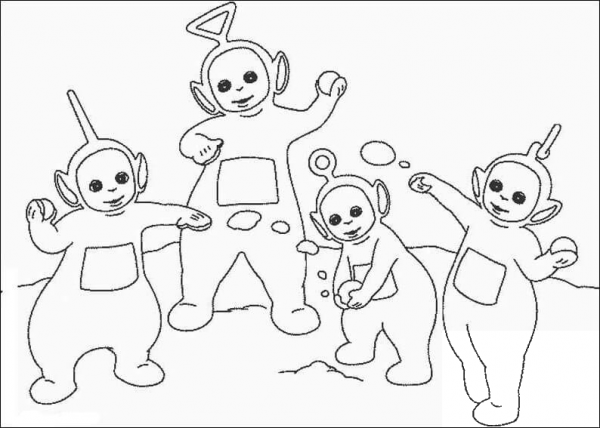 Laa-Laa, Po, Tinky-Winky, Dipsy are playing snowball  coloring page image