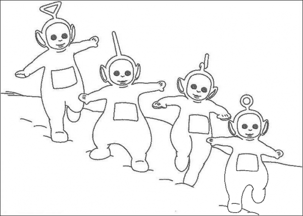 Laa-Laa, Po, Tinky-Winky, Dipsy are Playing Together  coloring page image