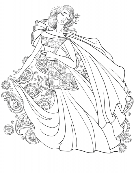 Lady from 70’s with Paisley Motif coloring page image