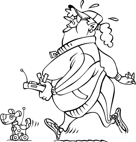 Lady Walking with Her Mechanical Dog coloring page image