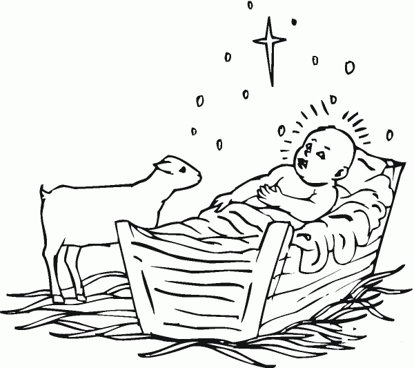 Lamb near baby Jesus coloring page image