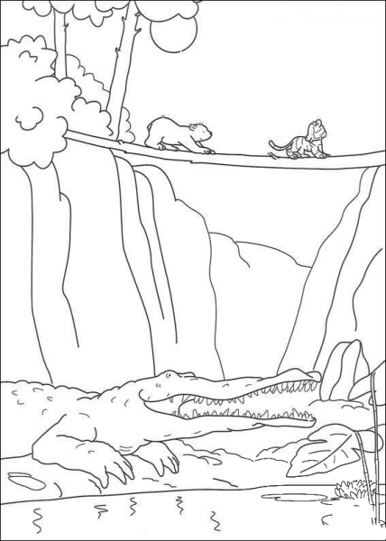 Lars and Husky are crossing the bridge. A crocodile is nearby.   coloring page image