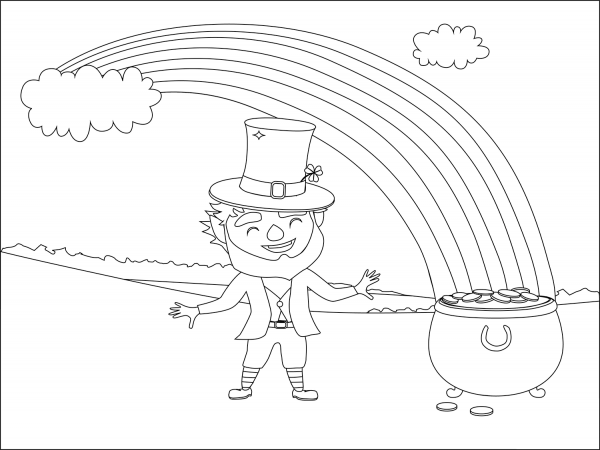 Leprechaun and Pot of Gold Saint Patricks coloring page image