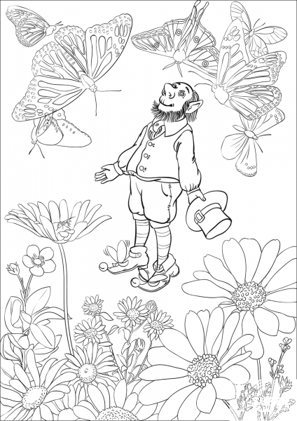 Leprechaun Flying with Butterflies coloring page image