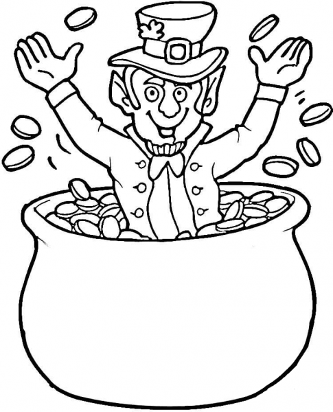 Leprechaun in Gold Coins Pot coloring page image