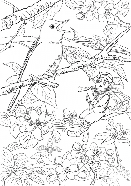 Leprechaun is Playing the Flute While a Bird is Singing coloring page image