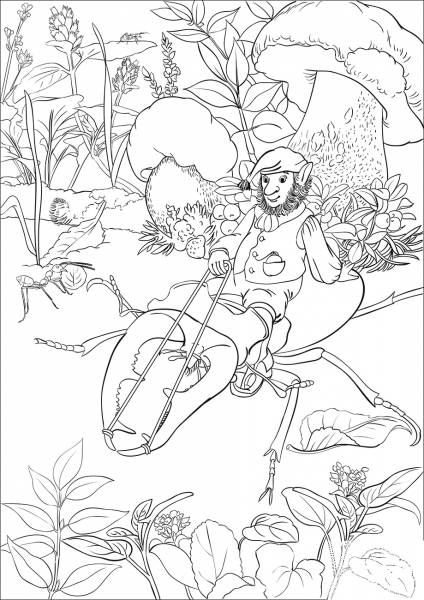 Leprechaun is Riding a Beetle coloring page image
