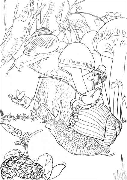 Leprechaun on a Long Journey Riding a Snail coloring page image