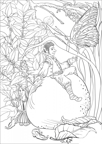 Leprechaun on an Apple is Telling a Story to a Butterfly coloring page image