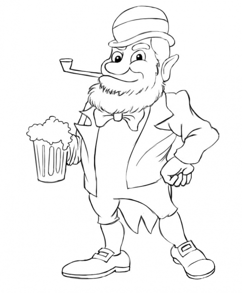 Leprechaun with beer coloring page image