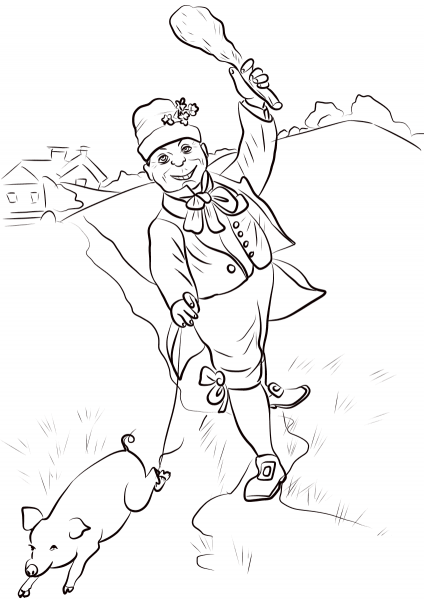Leprechaun with Pig coloring page image