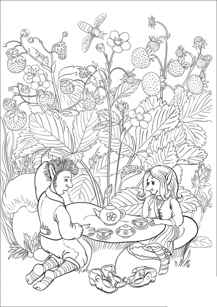 Leprechauns are Drinking Tea on a Strawberry Field coloring page image