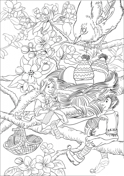 Leprechauns are Knitting Hats for Bird Eggs coloring page image