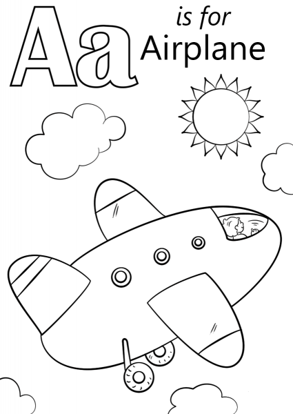Letter A is for Airplane coloring page image