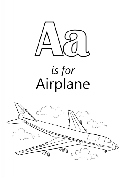 Letter A is for Airplane coloring page image