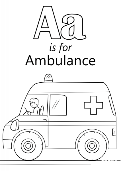 Letter A is for Ambulance coloring page image