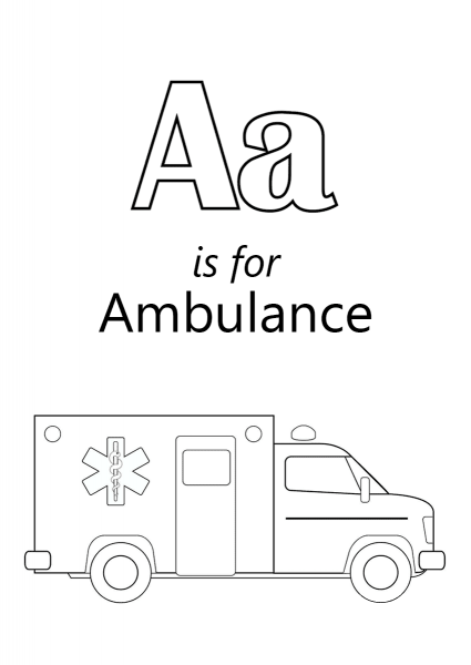 Letter A is for Ambulance coloring page image