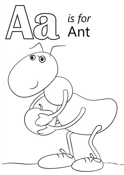 Letter A is for Ant coloring page image