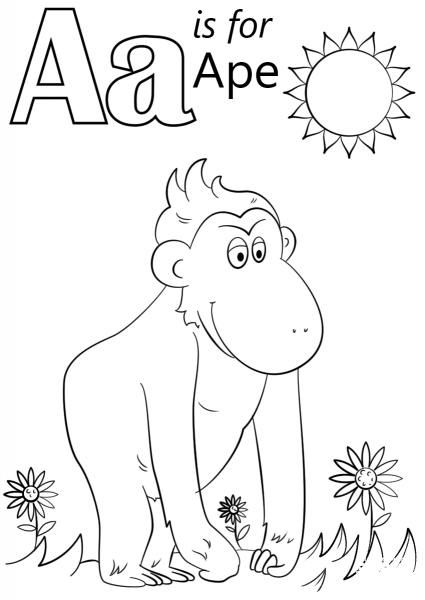 Letter A is for Ape coloring page image