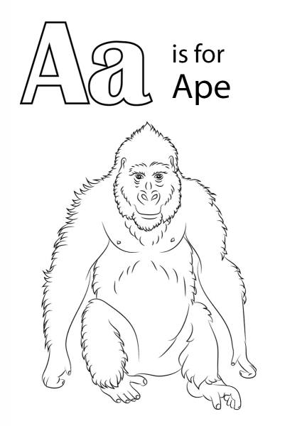 Letter A is for Ape coloring page image
