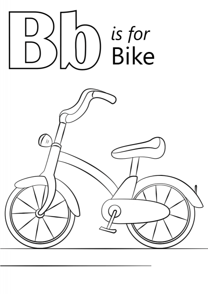 Letter B is for Bike coloring page image