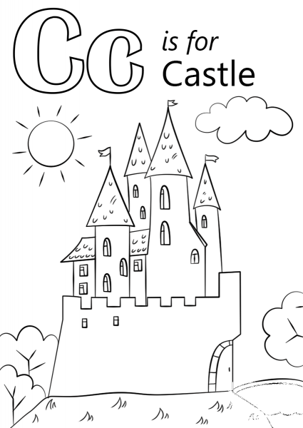 Letter C is for Castle coloring page image