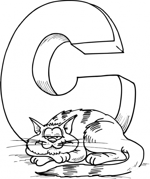 Letter C is for Cat coloring page image
