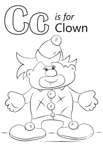 Letter C is for Clown coloring page image