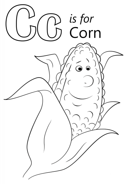 Letter C is for Corn coloring page image