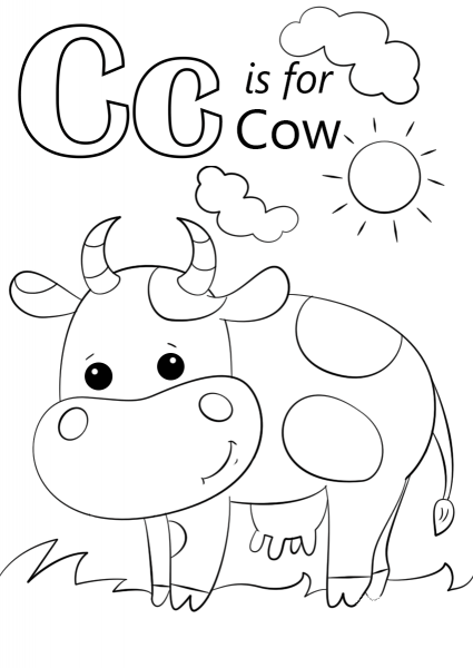 Letter C is for Cow coloring page image