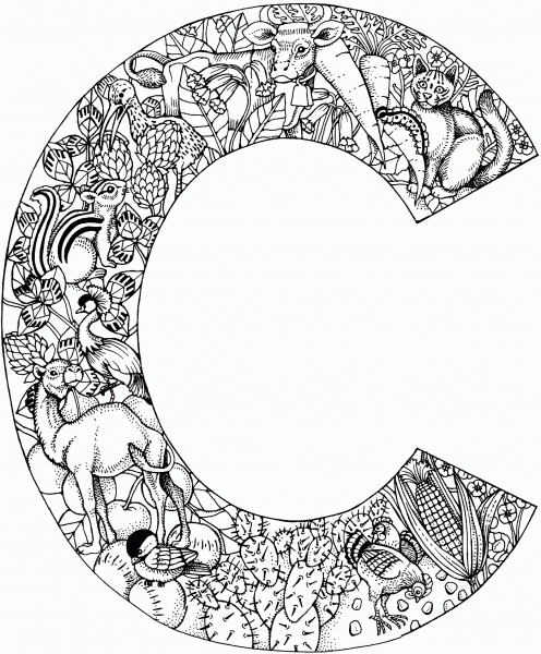Letter C with Animals coloring page image