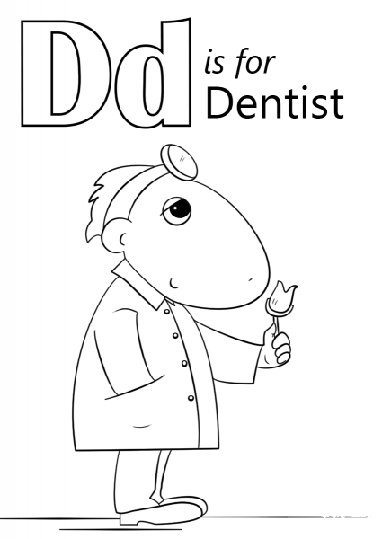 Letter D is for Dentist coloring page image