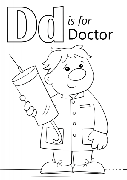 Letter D is for Doctor coloring page image