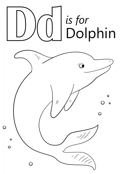 Letter D is for Dolphin coloring page image