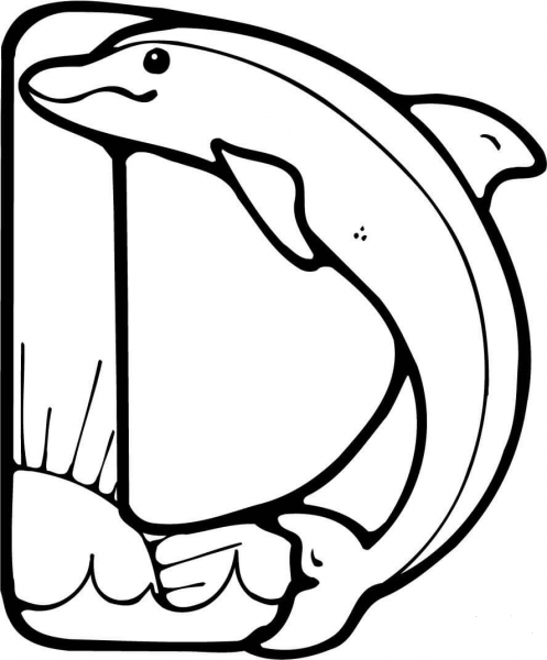Letter D is for Dolphin coloring page image