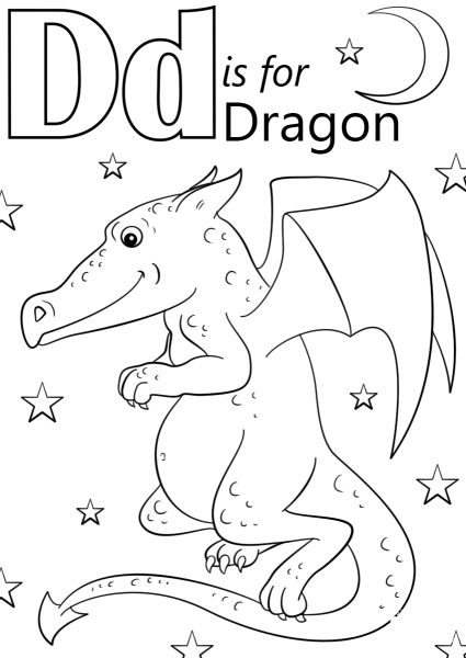 Letter D is for Dragon coloring page image