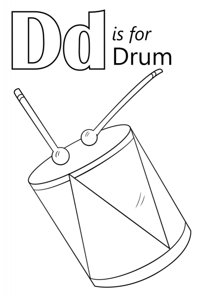 Letter D is for Drum coloring page image