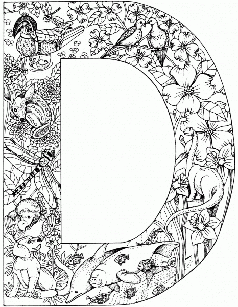 Letter D with Animals coloring page image