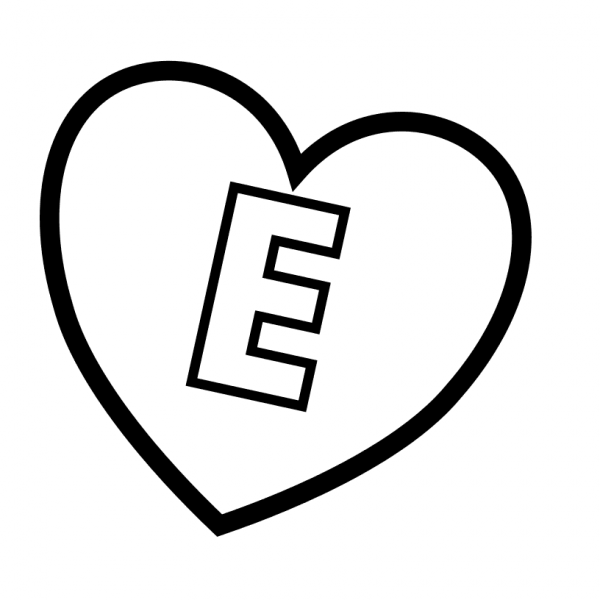 Letter E in Heart coloring page image