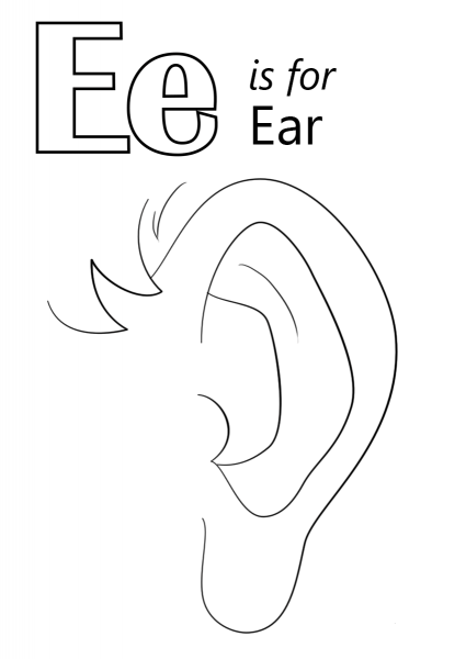Letter E is for Ear coloring page image