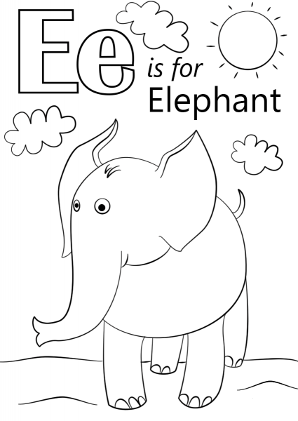 Letter E is for Elephant coloring page image