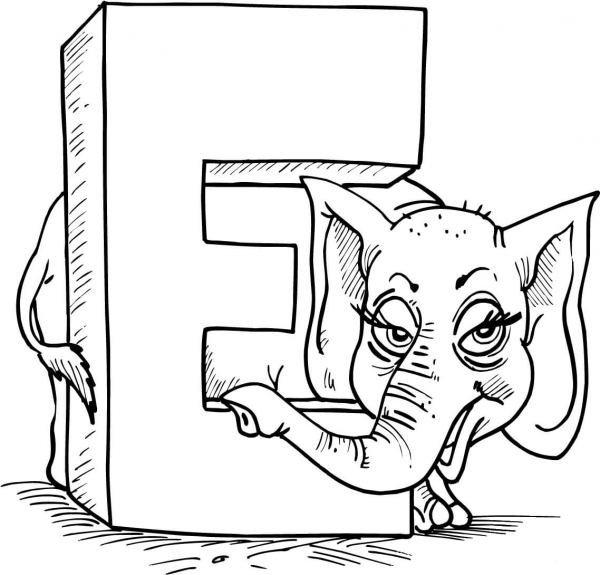 Letter E is for Elephant coloring page image