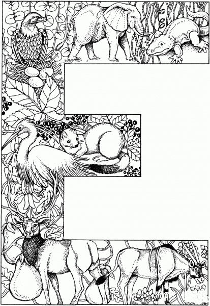 Letter E with Animals coloring page image
